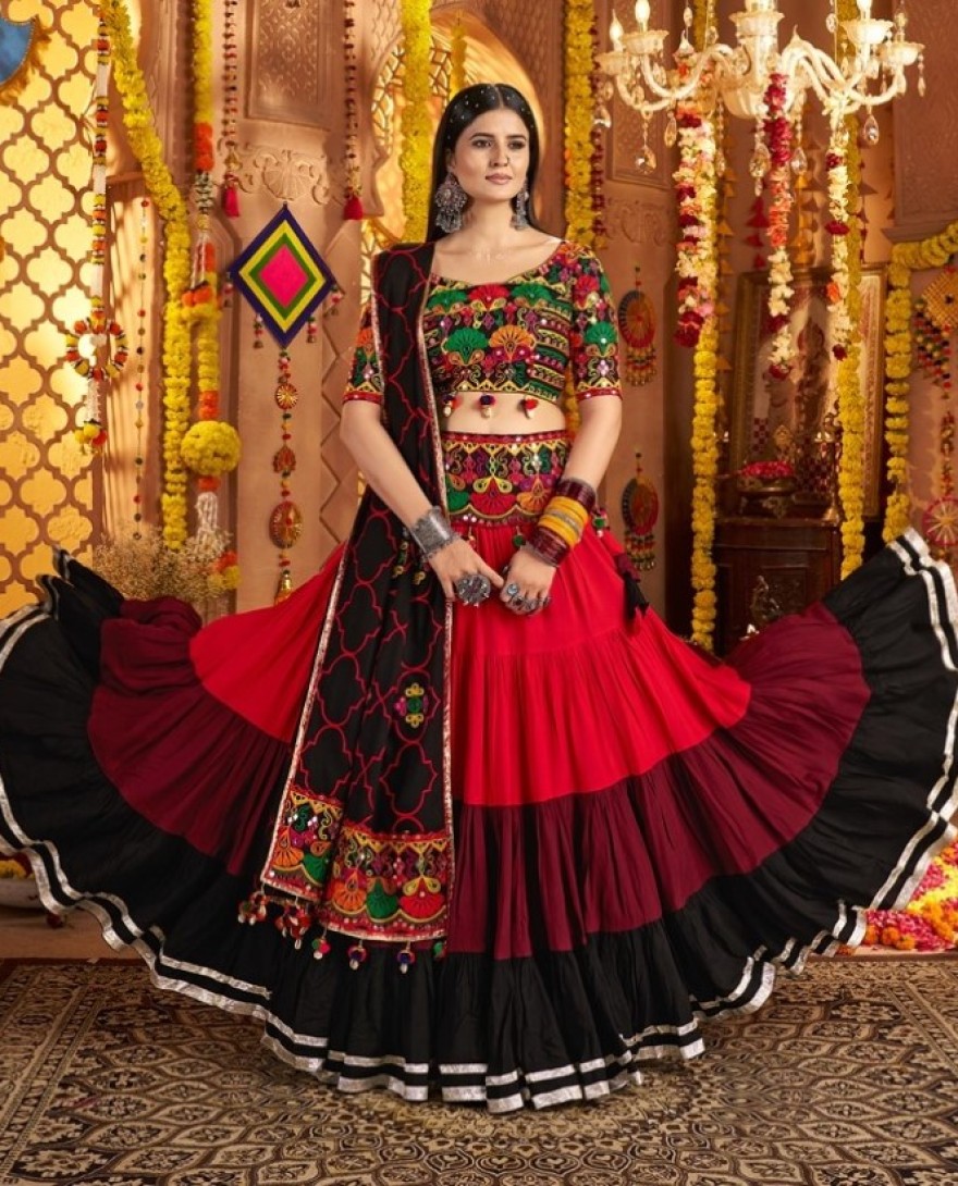 11022 - Delicate Red Mirror Work Navratri Wear Lehenga Choli With Dupatta